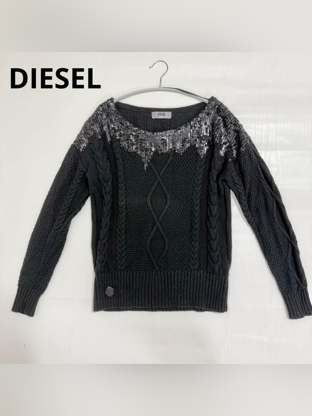 Diesel Black Cable Knit Sweater with Silver Sequin Yoke